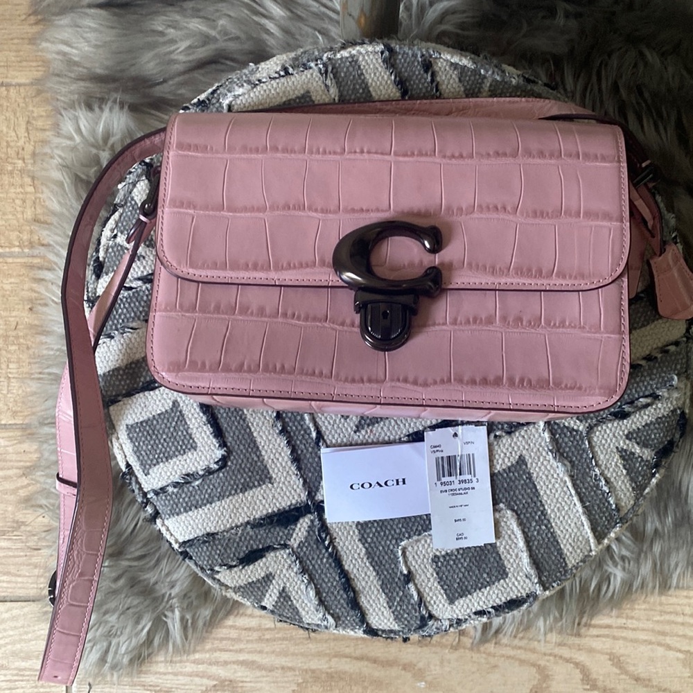 Coach pink embossed croc studio shoulder crossbody bag